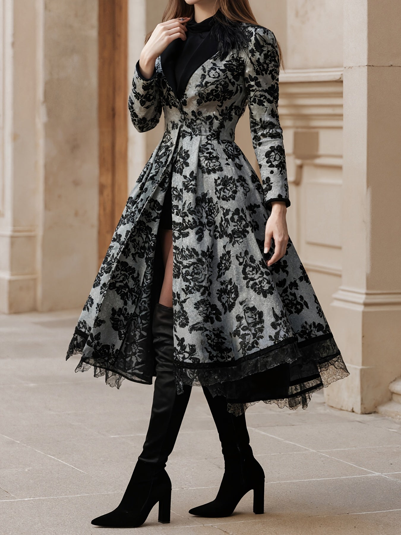 Black Floral Coat Dress | Luxury Evening Style