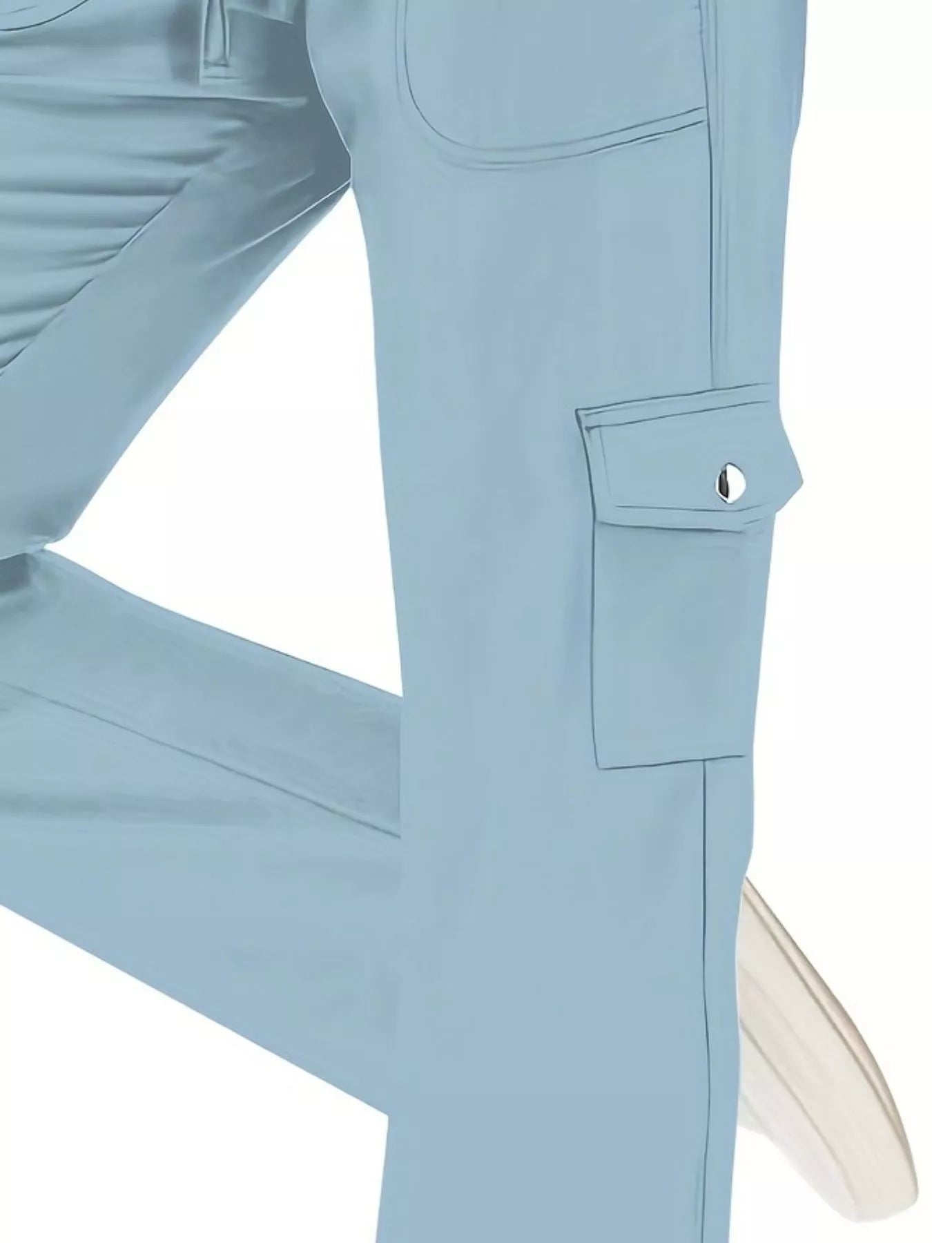 Light blue pants with a pocket detail on a white background