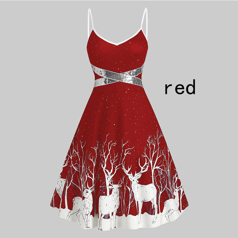 Red dress with white deer pattern on a gray background