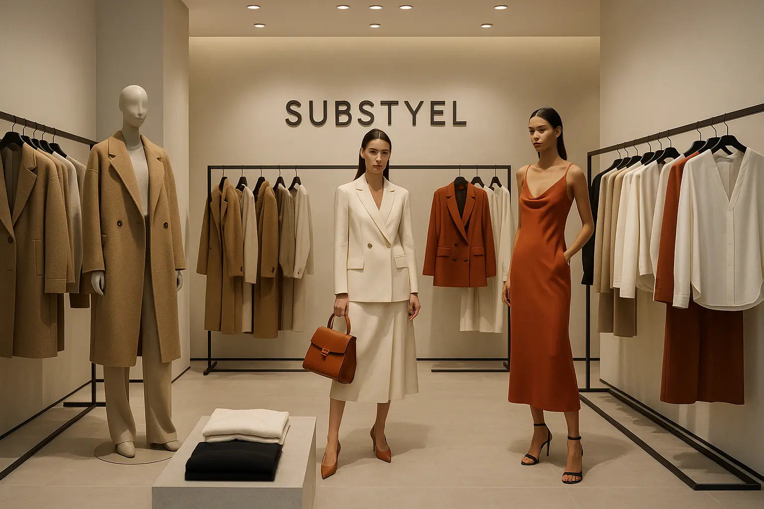 Fashion store interior with mannequins and clothing, featuring the brand 'Substyel'.